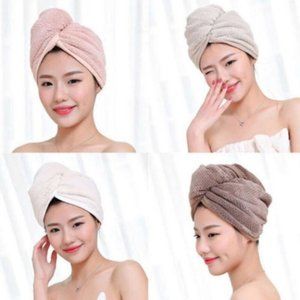 (Set of 4) 2 Microfiber Hair Towel Wraps+ 1 Spa Headband+ 1 Shower Puff